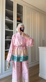 Desenli Saten Takım Yeşil