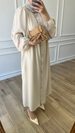 Düğmeli Elbise - Bej 