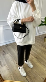 Ekru Kolları Taşlı Sweatshirt