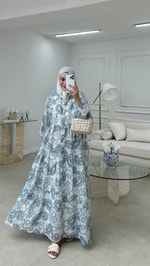 Etnik Desenli Vual Elbise Mavi