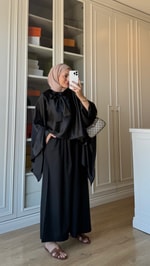 Fularlı Saten Bluz Siyah