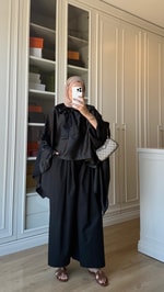 Fularlı Saten Bluz Siyah