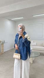 İşlemeli Denim Ceket Mavi
