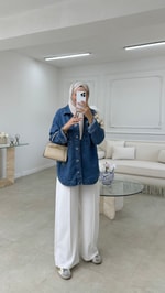 İşlemeli Denim Ceket Mavi