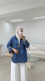 İşlemeli Denim Ceket Mavi