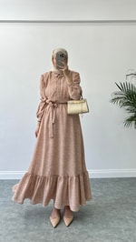 Kare Desenli Elbise Pudra