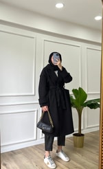 Kuşaklı Yün Kaban - Siyah