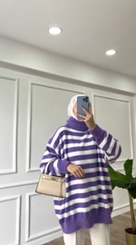 Lila - Çizgili Yumoş Kazak