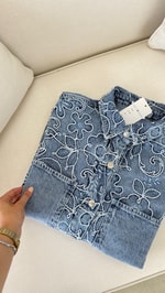 Nakışlı Denim Ceket Mavi