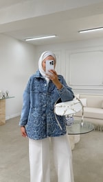 Nakışlı Denim Ceket Mavi