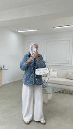 Nakışlı Denim Ceket Mavi