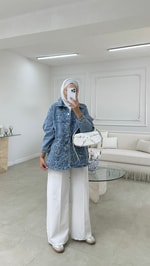 Nakışlı Denim Ceket Mavi