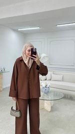 Oversize Keten Takım Acı Kahve