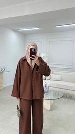 Oversize Keten Takım Acı Kahve