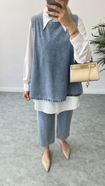 Parıltılı Üçlü Denim Takım Mavi