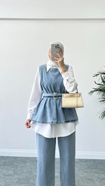 Parıltılı Üçlü Denim Takım Mavi