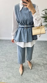 Parıltılı Üçlü Denim Takım Mavi