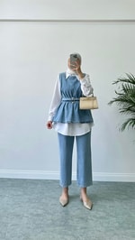 Parıltılı Üçlü Denim Takım Mavi