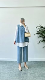 Parıltılı Üçlü Denim Takım Mavi