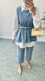 Parıltılı Üçlü Denim Takım Mavi