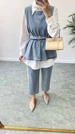Parıltılı Üçlü Denim Takım Mavi