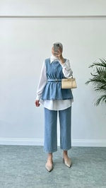 Parıltılı Üçlü Denim Takım Mavi