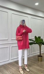 Pembe - Boğazlı Yan Kısımları Yırtmaclı Triko