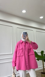Pembe - Keten Büyük Cepli Ceket 