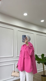 Pembe - Keten Büyük Cepli Ceket 