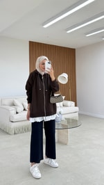 Poplin Detaylı Hırka Acı Kahve