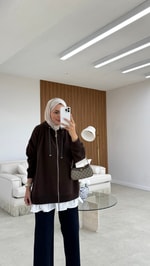 Poplin Detaylı Hırka Acı Kahve