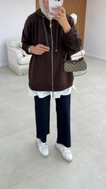 Poplin Detaylı Hırka Acı Kahve