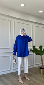 Saks - Kolları Büzgülü Saten Gömlek