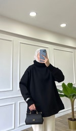 Siyah Fitilli Bığazlı Sweatshirt
