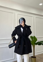 Siyah Kısa Premium Kemerli Kaban 