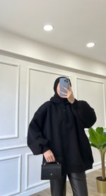 Siyah - Polo Yaka Sweatshirt