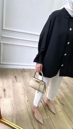 Siyah - Poplin Taş Detaylı Gömlek