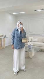 Taş Detaylı Denim Ceket Mavi