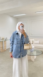 Taş Detaylı Denim Ceket Mavi