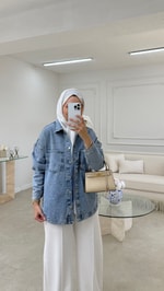 Taş Detaylı Denim Ceket Mavi