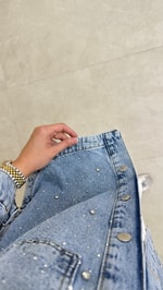 Taş Detaylı Denim Ceket Mavi
