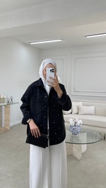 Taş Detaylı Denim Ceket Siyah