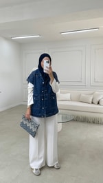 Taşlı Denim Yelek Lacivert