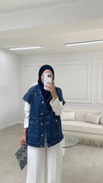 Taşlı Denim Yelek Lacivert