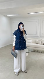 Taşlı Denim Yelek Lacivert