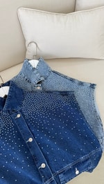 Taşlı Denim Yelek Lacivert