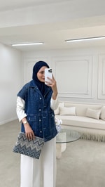 Taşlı Denim Yelek Lacivert