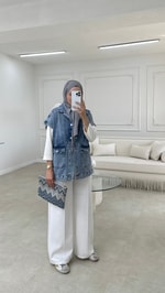 Taşlı Denim Yelek Mavi