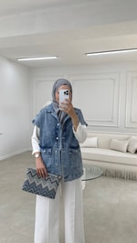 Taşlı Denim Yelek Mavi