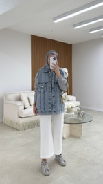 Triko Detaylı Denim Ceket Mavi